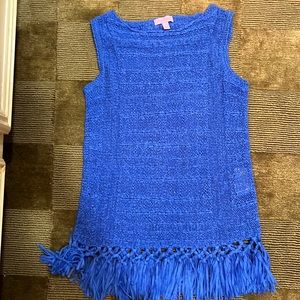 Blue Lilly Pulitzer sweater tank with fringe bottom